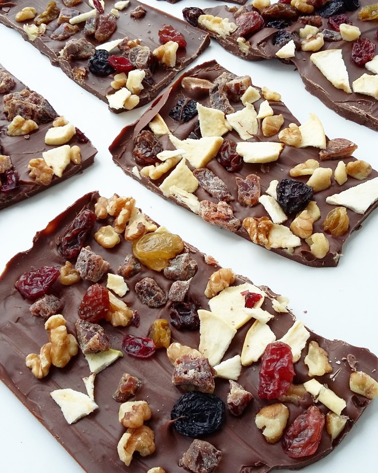Chocolate bark with fruit and nuts for Tu Bishvat
