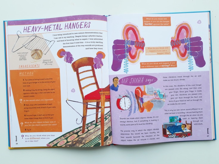 Hanger sound experiemnt in Mr Shaha's Recipes for Wonder Adventures in Science Round the Kitchen Table Alom Shaha Science activity book Scribble Kids Books